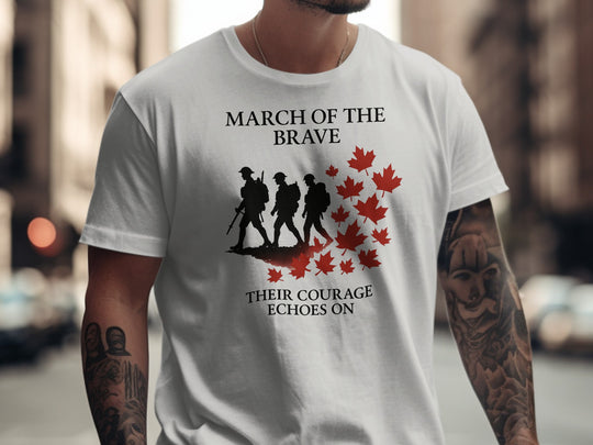 remembrance day men’s t-shirt with marching soldiers and red maple leaves