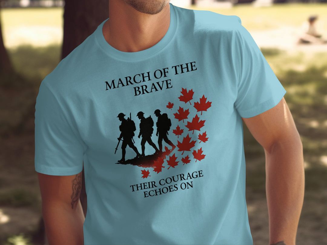 remembrance day men’s t-shirt with marching soldiers and red maple leaves