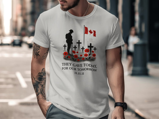 remembrance day men’s t-shirt with soldier, crosses, poppies and flag — they gave today