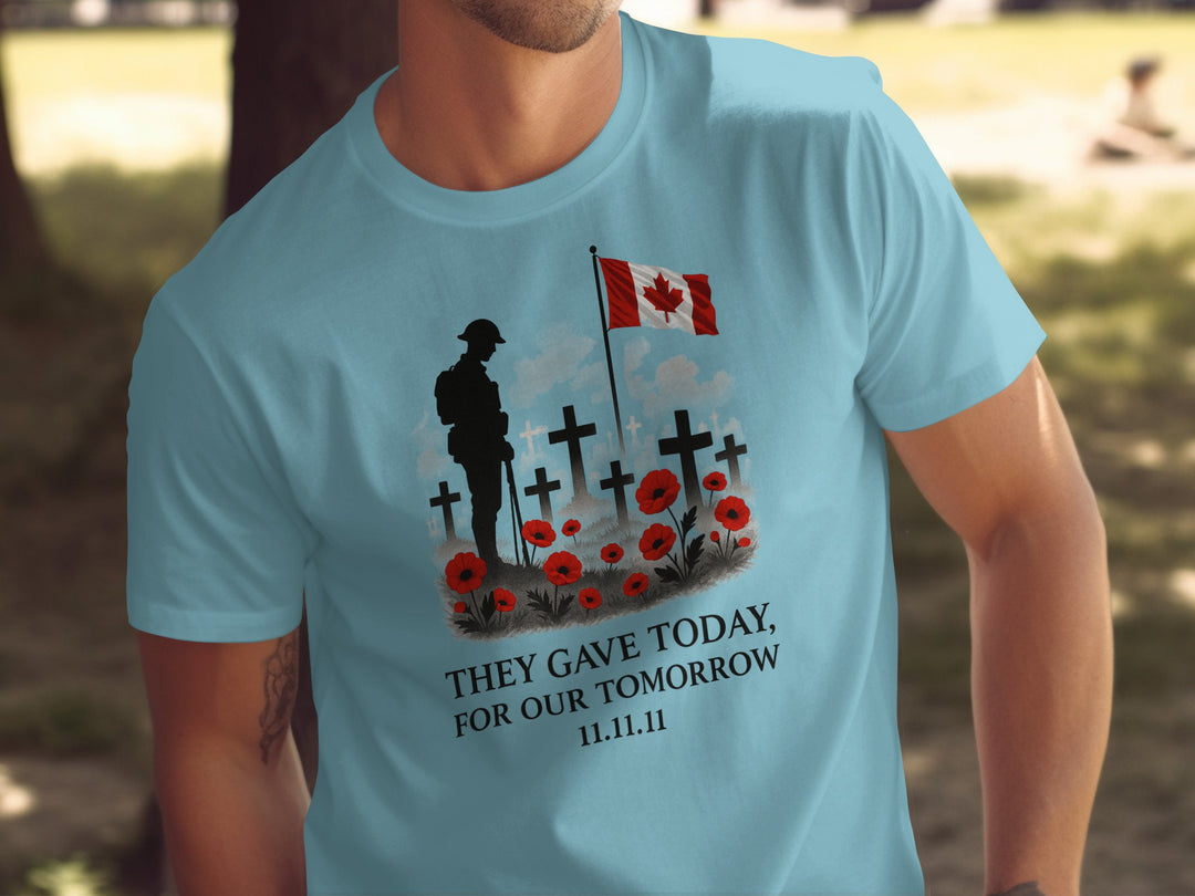 remembrance day men’s t-shirt with soldier, crosses, poppies and flag — they gave today