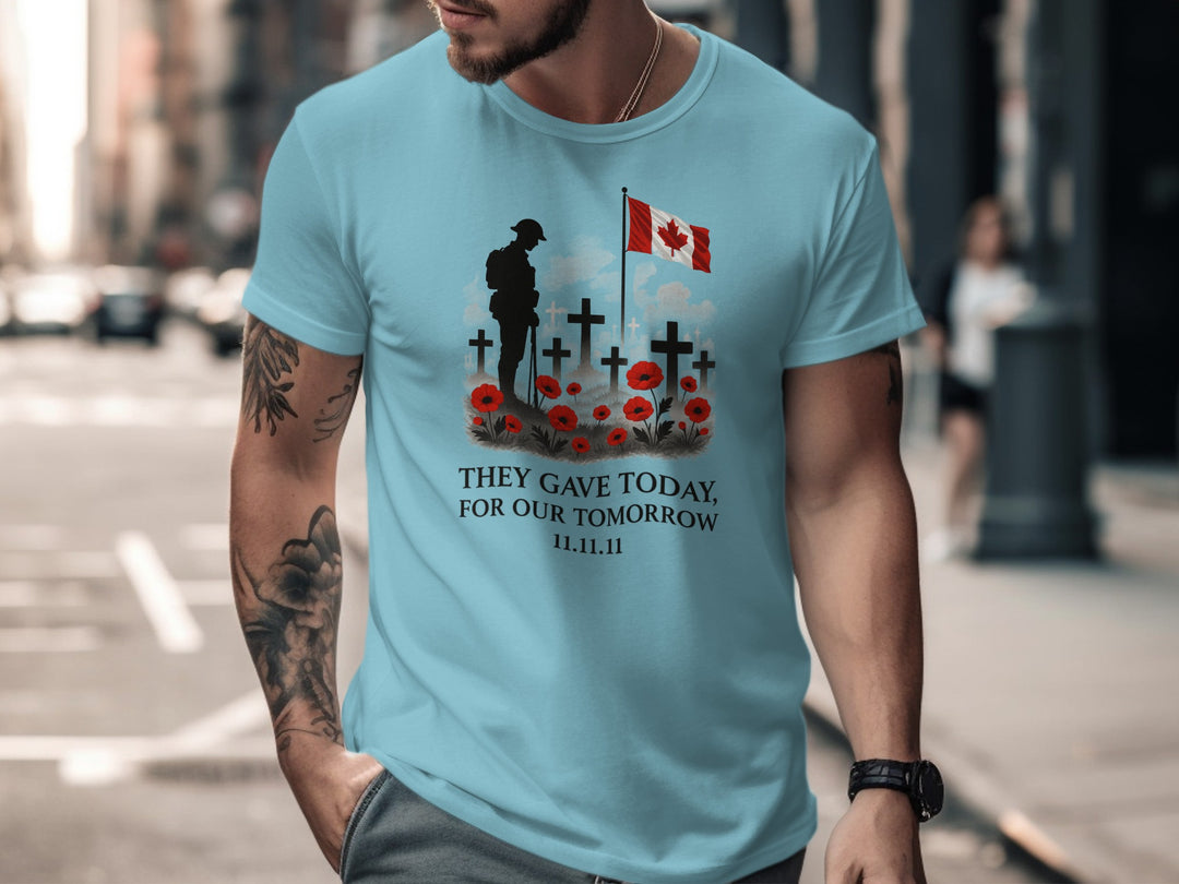 remembrance day men’s t-shirt with soldier, crosses, poppies and flag — they gave today
