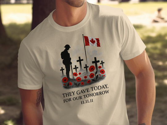 remembrance day men’s t-shirt with soldier, crosses, poppies and flag — they gave today