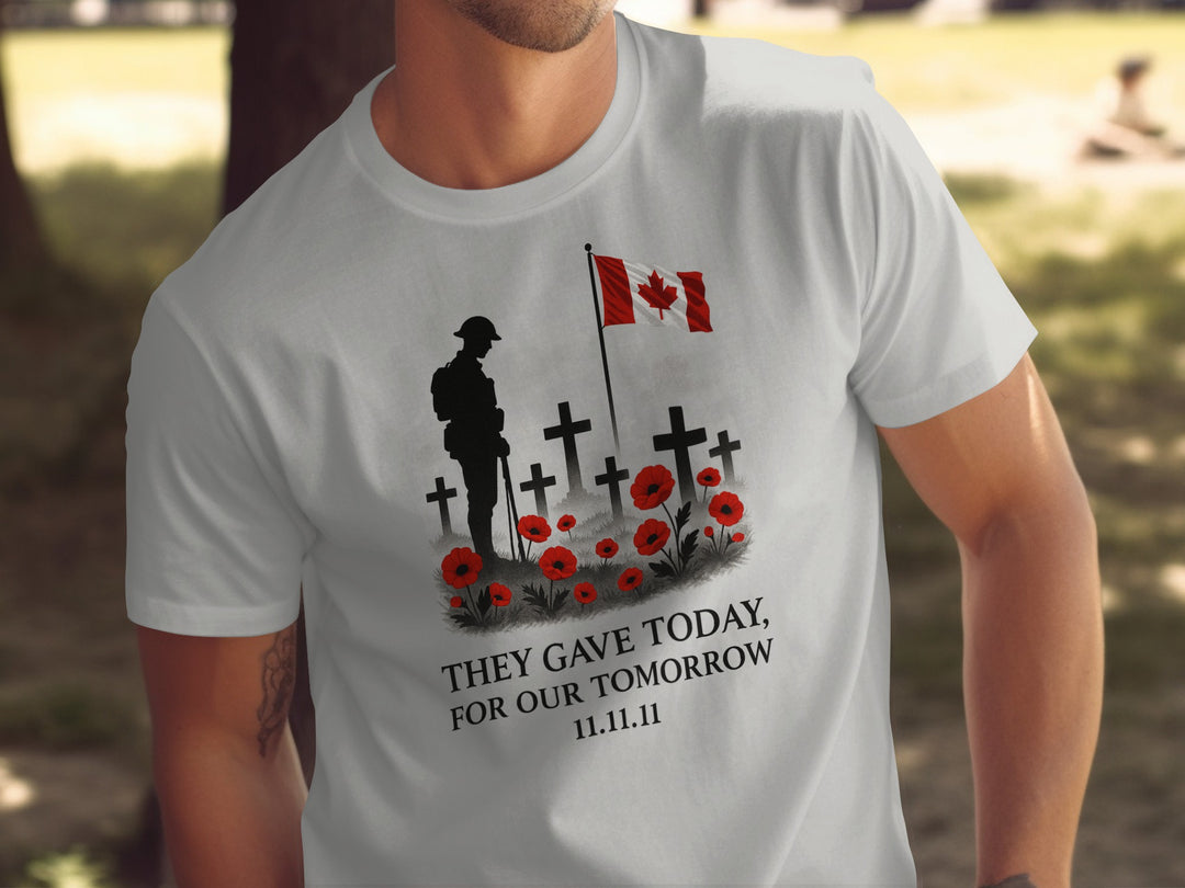 remembrance day men’s t-shirt with soldier, crosses, poppies and flag — they gave today