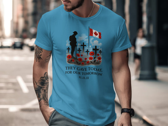 remembrance day men’s t-shirt with soldier, crosses, poppies and flag — they gave today