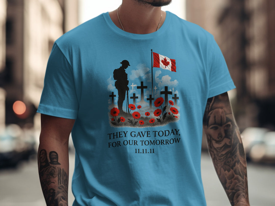 remembrance day men’s t-shirt with soldier, crosses, poppies and flag — they gave today