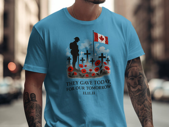 remembrance day men’s t-shirt with soldier, crosses, poppies and flag — they gave today