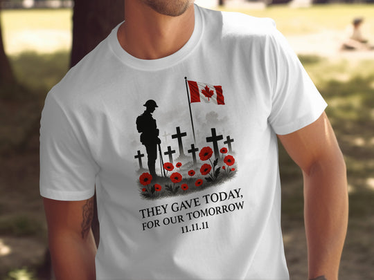 remembrance day men’s t-shirt with soldier, crosses, poppies and flag — they gave today