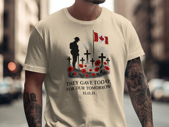 remembrance day men’s t-shirt with soldier, crosses, poppies and flag — they gave today