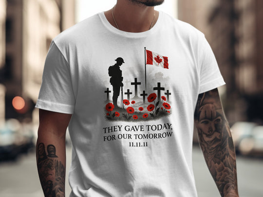 remembrance day men’s t-shirt with soldier, crosses, poppies and flag — they gave today