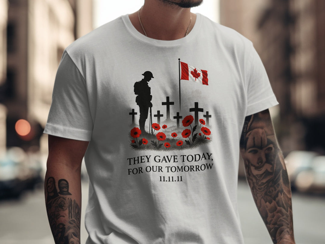 remembrance day men’s t-shirt with soldier, crosses, poppies and flag — they gave today
