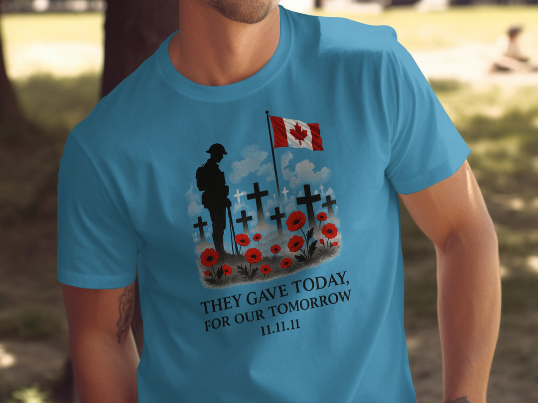 remembrance day men’s t-shirt with soldier, crosses, poppies and flag — they gave today