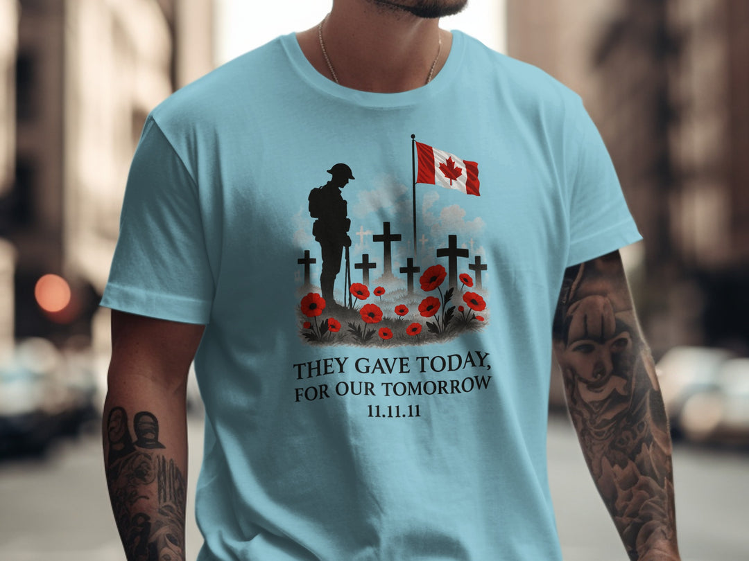 remembrance day men’s t-shirt with soldier, crosses, poppies and flag — they gave today