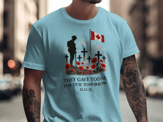 remembrance day men’s t-shirt with soldier, crosses, poppies and flag — they gave today