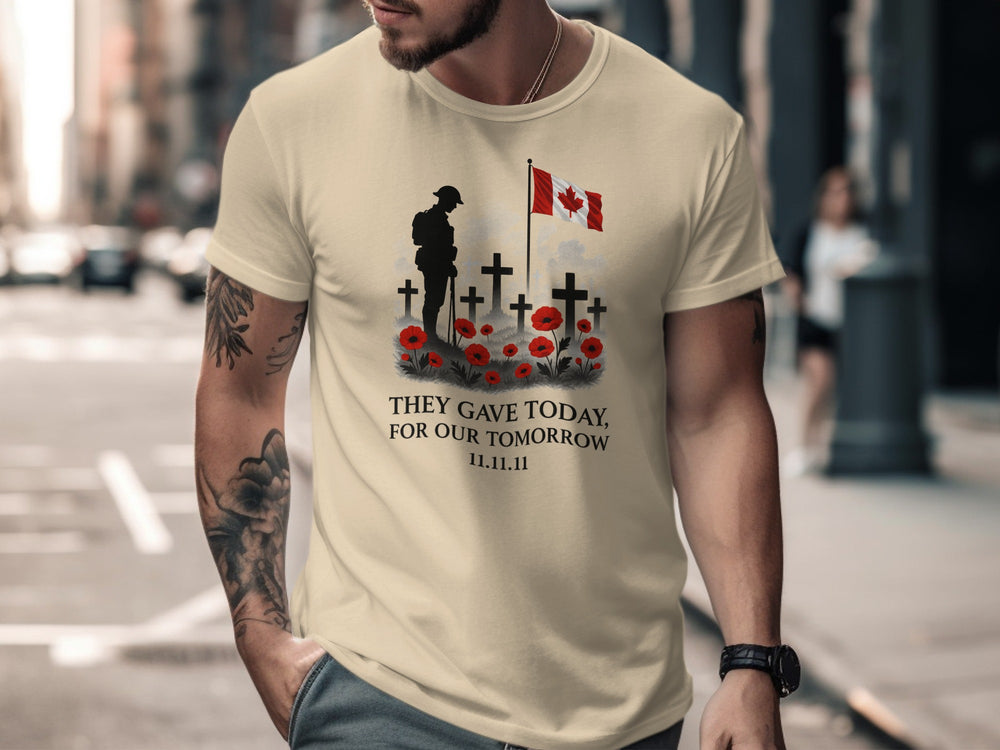 remembrance day men’s t-shirt with soldier, crosses, poppies and flag — they gave today