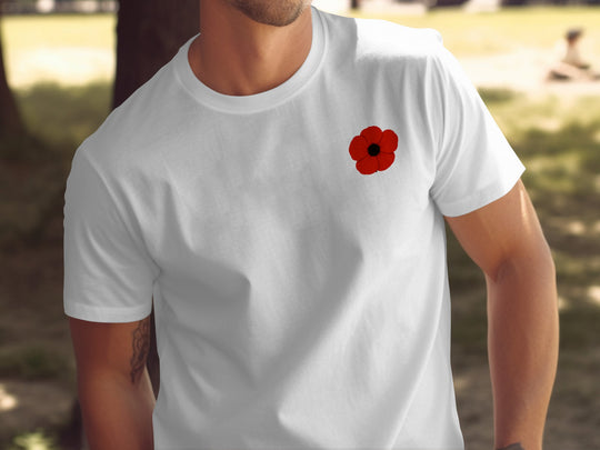 remembrance day poppy minimalist chest print — men’s t-shirt