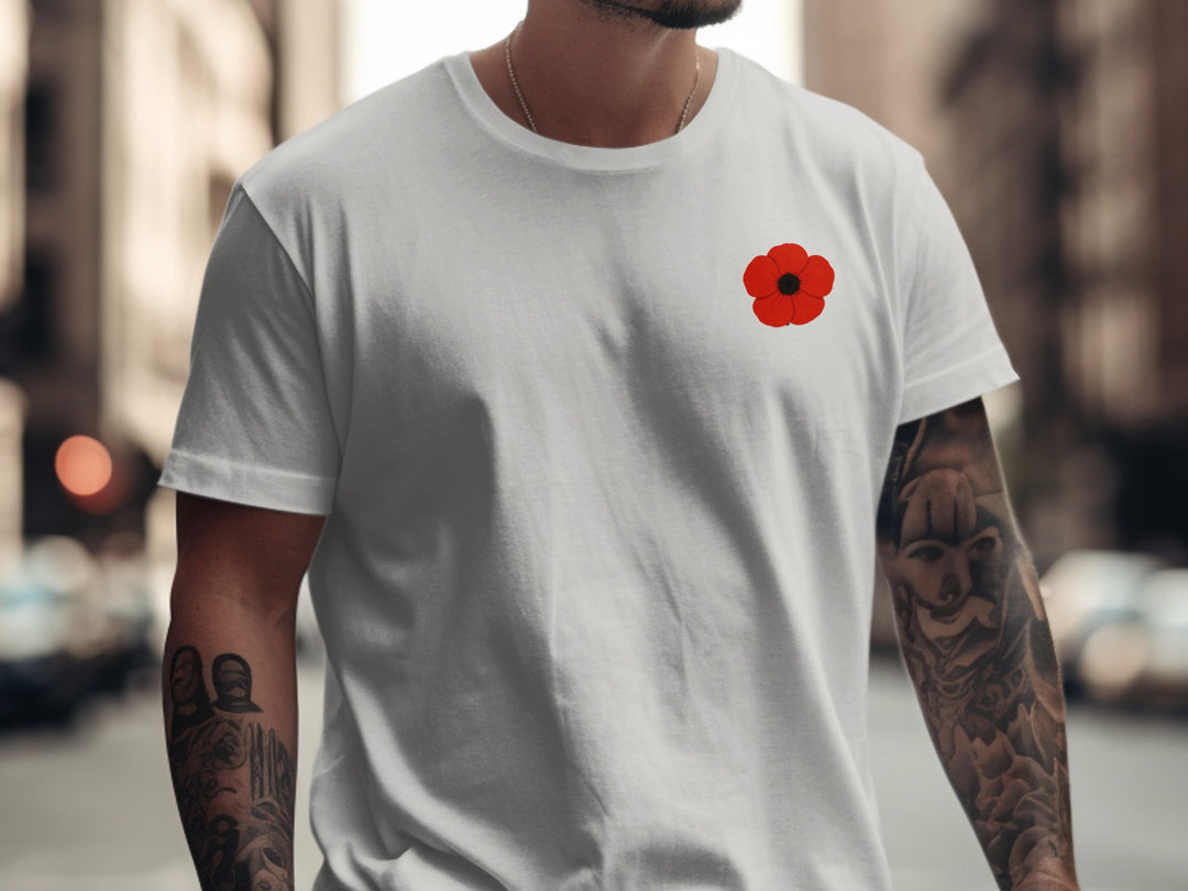 remembrance day poppy minimalist chest print — men’s t-shirt