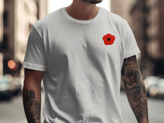 remembrance day poppy minimalist chest print — men’s t-shirt