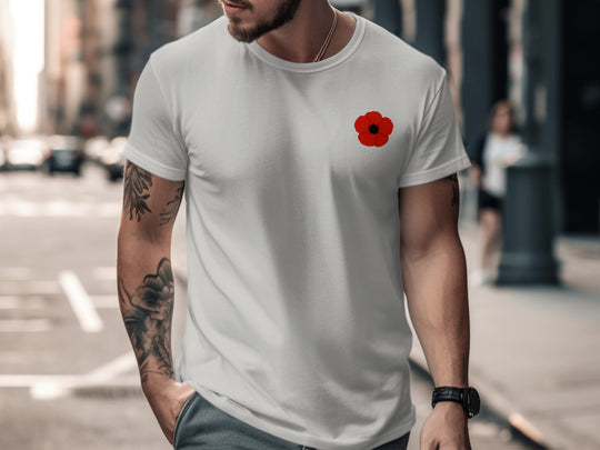 remembrance day poppy minimalist chest print — men’s t-shirt