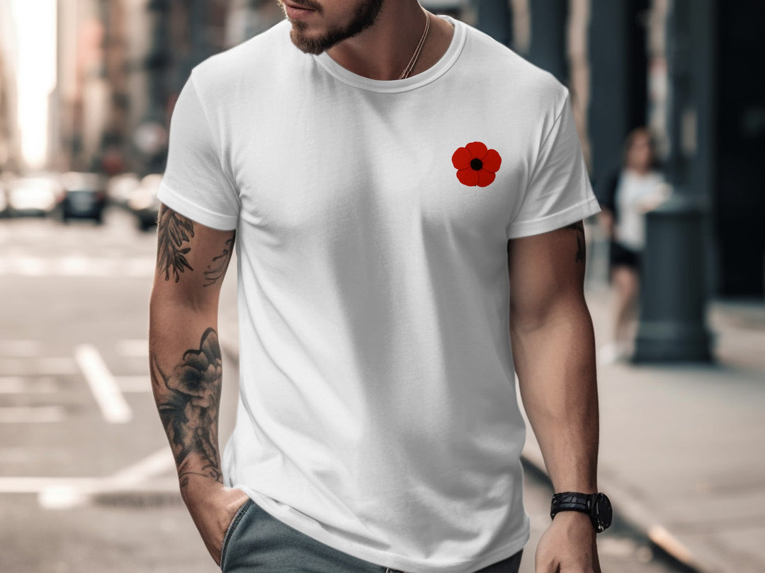 remembrance day poppy minimalist chest print — men’s t-shirt