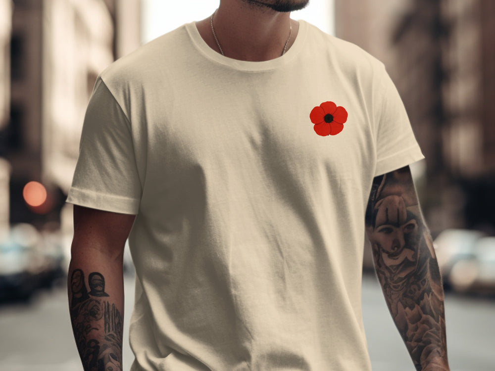 remembrance day poppy minimalist chest print — men’s t-shirt