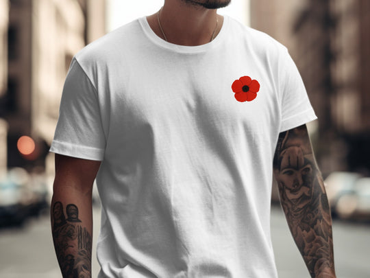 remembrance day poppy minimalist chest print — men’s t-shirt