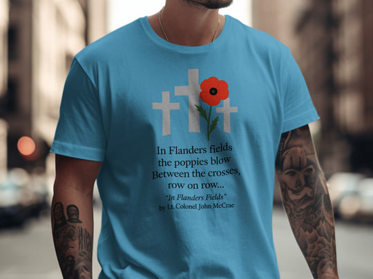remembrance day men’s t-shirt with poppy and crosses — flanders fields design