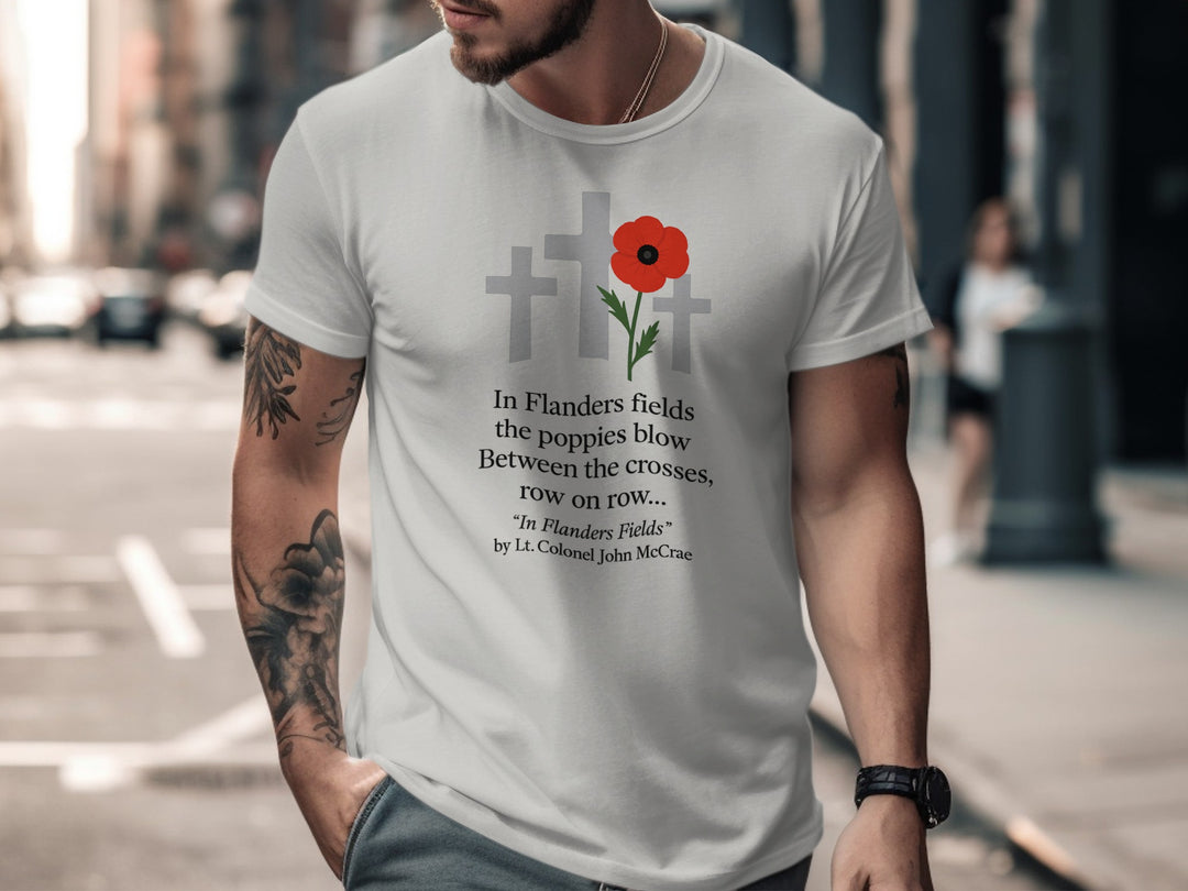 remembrance day men’s t-shirt with poppy and crosses — flanders fields design