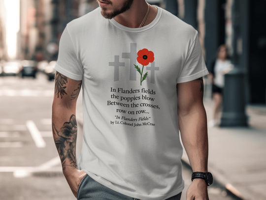 remembrance day men’s t-shirt with poppy and crosses — flanders fields design