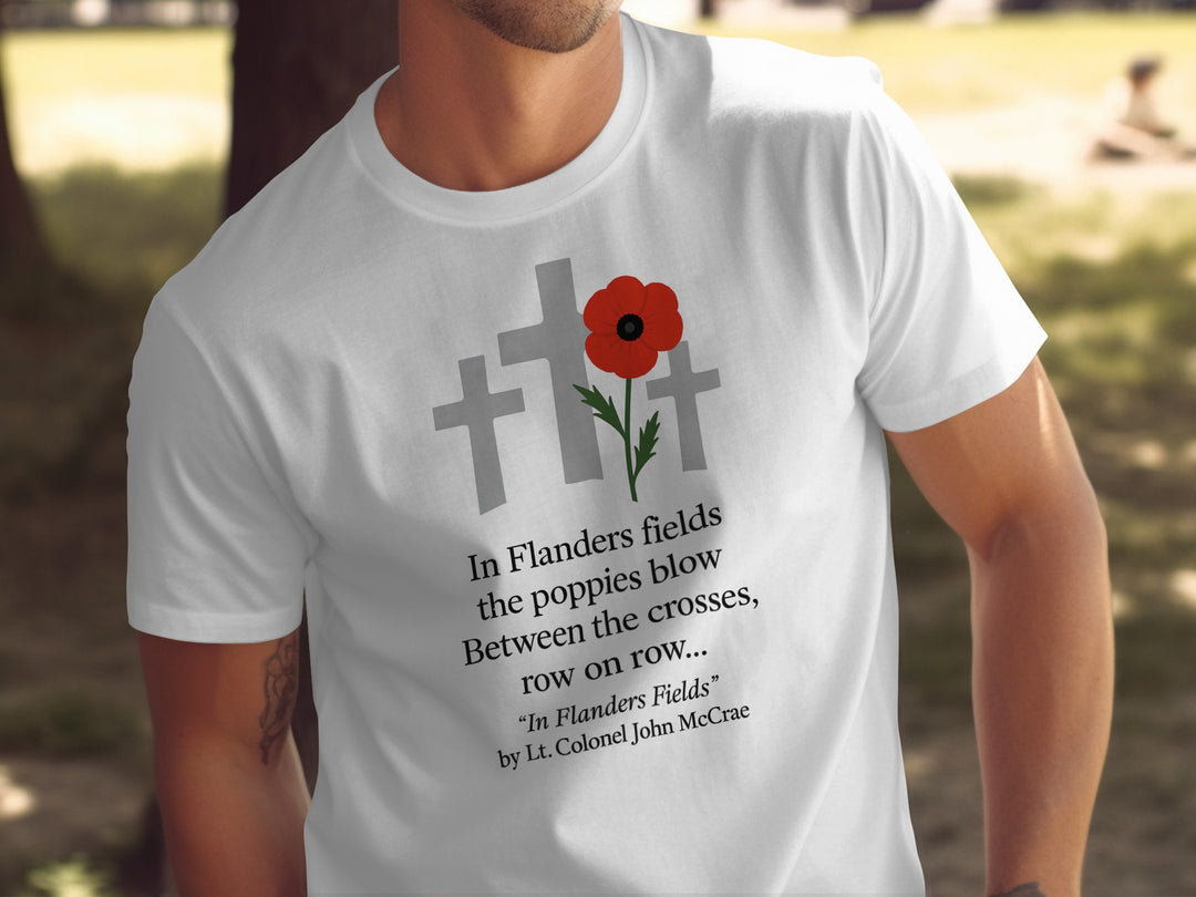 remembrance day men’s t-shirt with poppy and crosses — flanders fields design