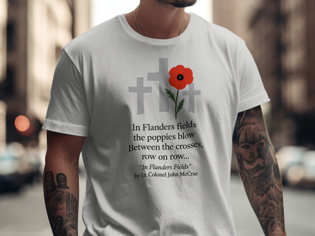 remembrance day men’s t-shirt with poppy and crosses — flanders fields design
