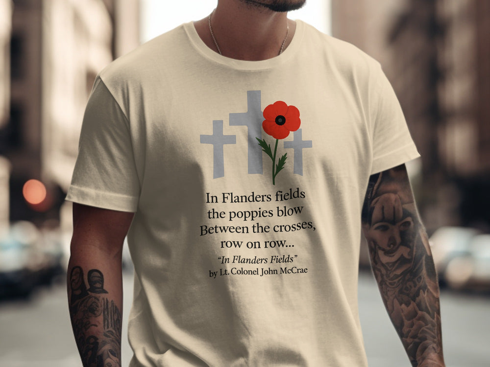 remembrance day men’s t-shirt with poppy and crosses — flanders fields design
