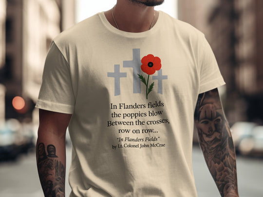 remembrance day men’s t-shirt with poppy and crosses — flanders fields design