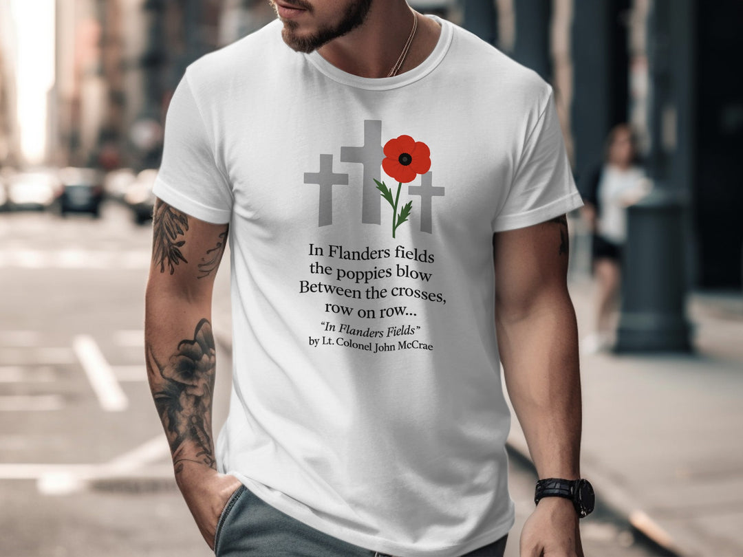 remembrance day men’s t-shirt with poppy and crosses — flanders fields design
