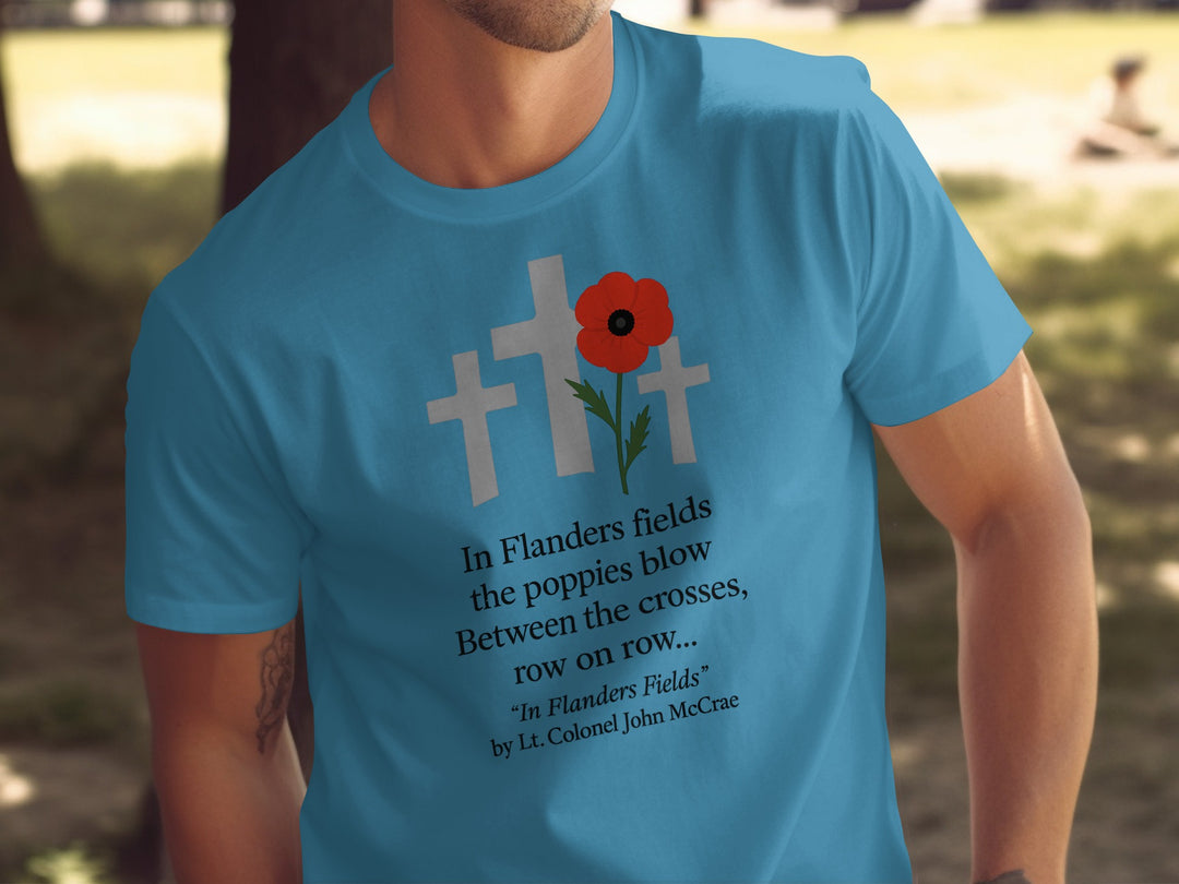 remembrance day men’s t-shirt with poppy and crosses — flanders fields design