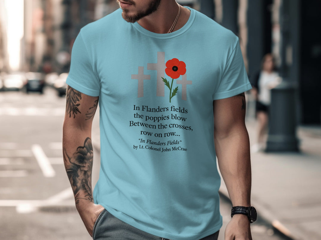 remembrance day men’s t-shirt with poppy and crosses — flanders fields design