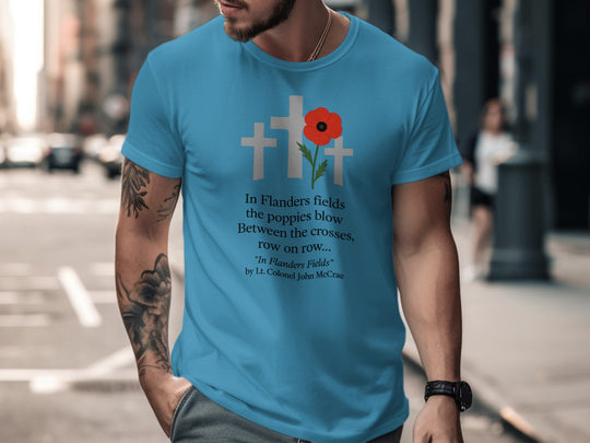 remembrance day men’s t-shirt with poppy and crosses — flanders fields design