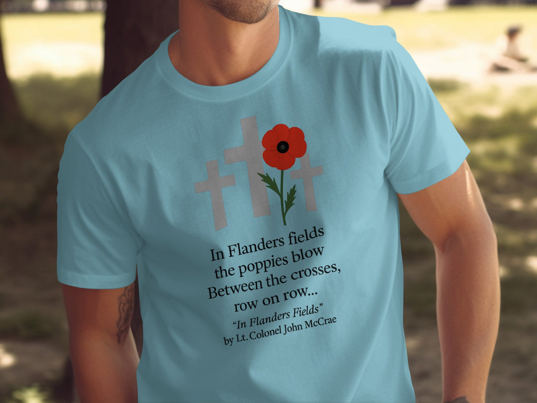 remembrance day men’s t-shirt with poppy and crosses — flanders fields design