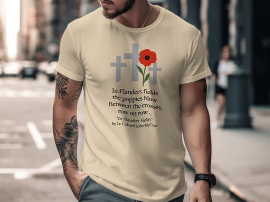 remembrance day men’s t-shirt with poppy and crosses — flanders fields design