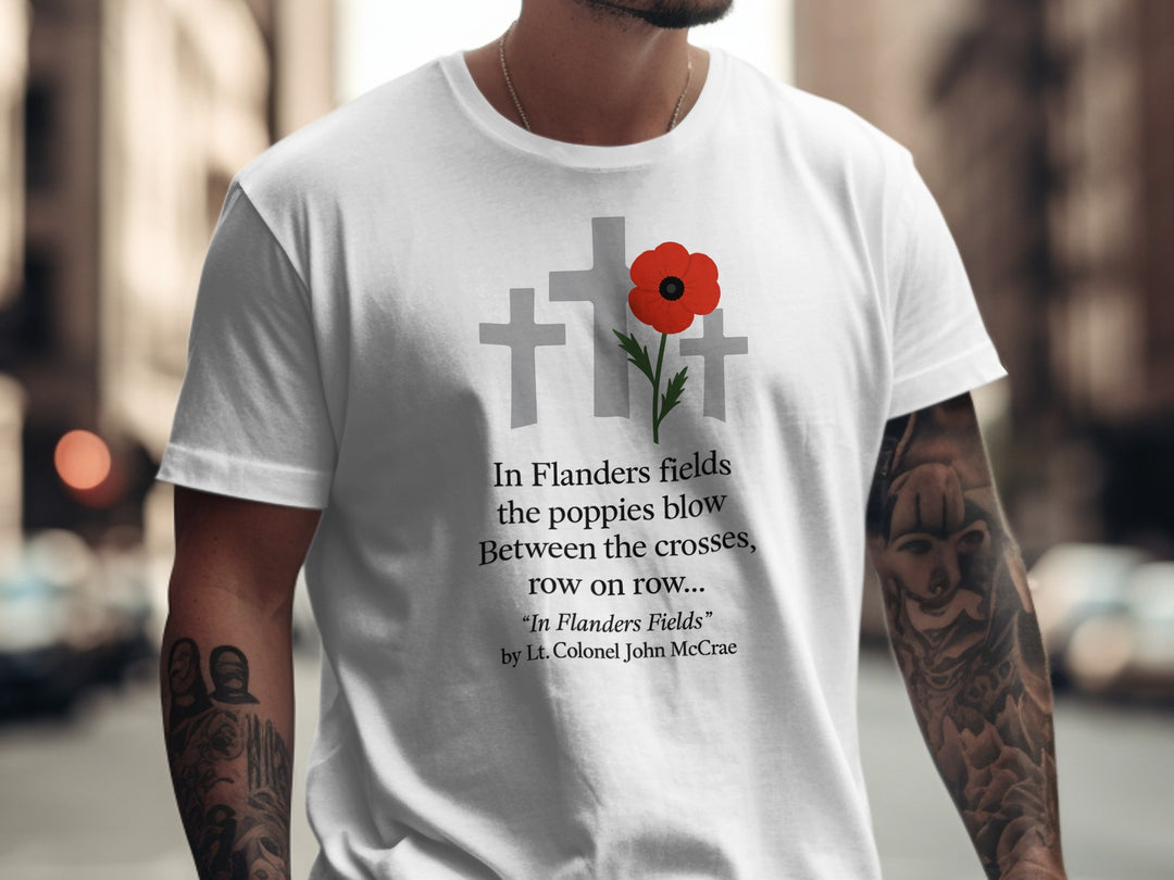 remembrance day men’s t-shirt with poppy and crosses — flanders fields design