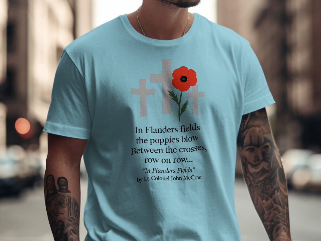 remembrance day men’s t-shirt with poppy and crosses — flanders fields design