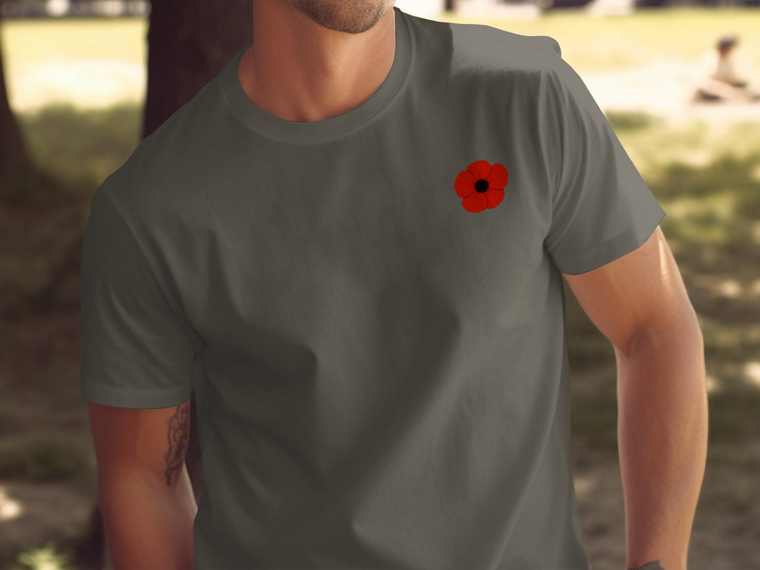 remembrance day men’s t-shirt with minimalist corner poppy graphic