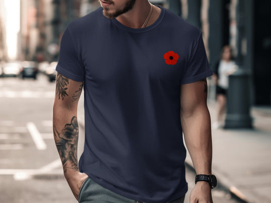 remembrance day men’s t-shirt with minimalist corner poppy graphic