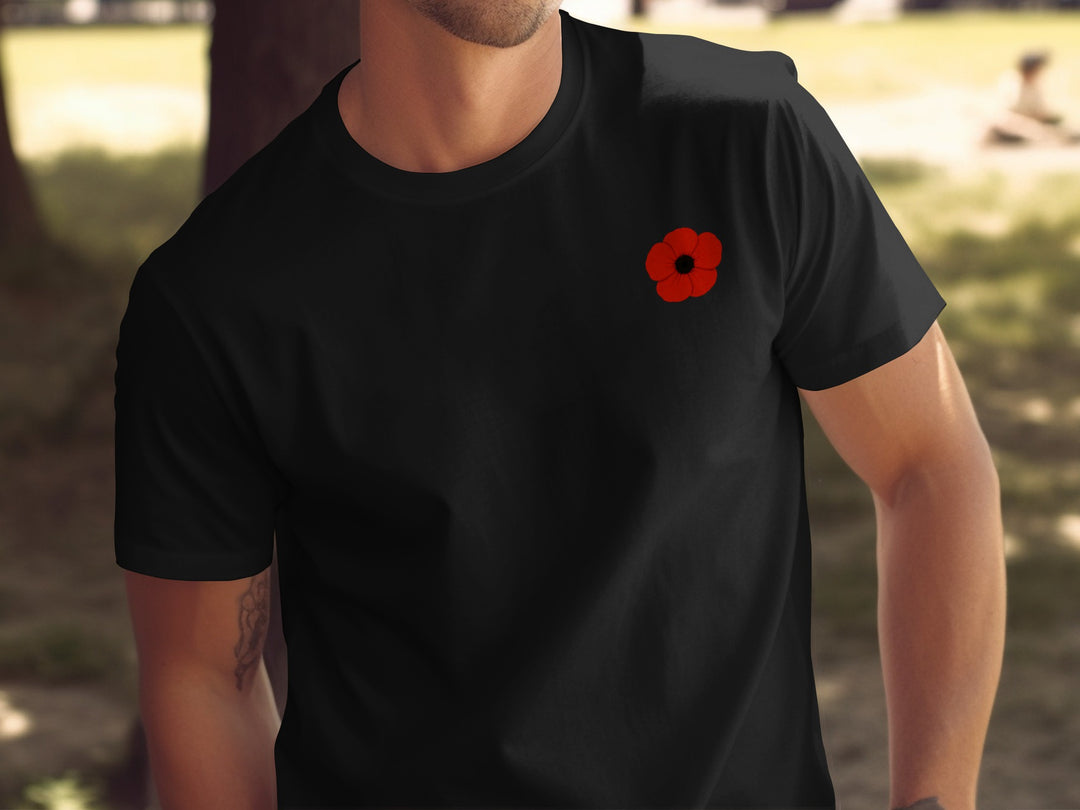 remembrance day men’s t-shirt with minimalist corner poppy graphic