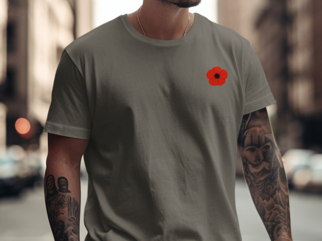 remembrance day men’s t-shirt with minimalist corner poppy graphic
