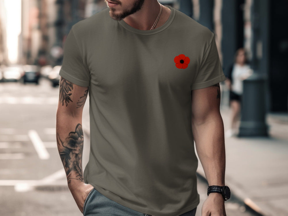 remembrance day men’s t-shirt with minimalist corner poppy graphic