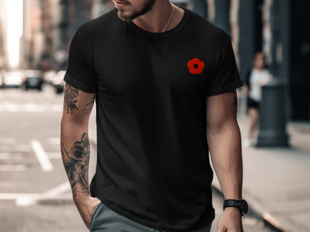 remembrance day men’s t-shirt with minimalist corner poppy graphic