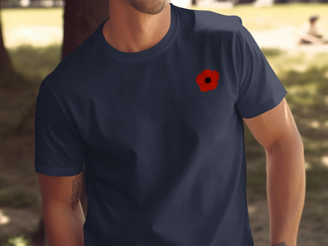 remembrance day men’s t-shirt with minimalist corner poppy graphic