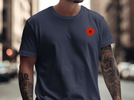 remembrance day men’s t-shirt with minimalist corner poppy graphic