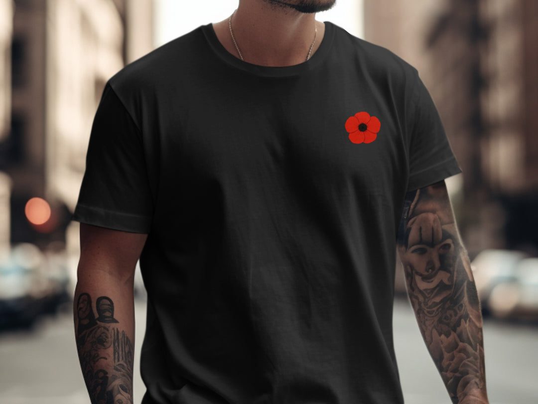 remembrance day men’s t-shirt with minimalist corner poppy graphic