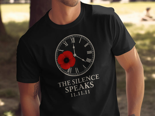remembrance day men’s t-shirt with poppy and clock — the silence speaks